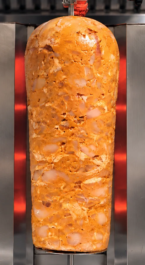 Döner ocağında, baharatlı et katlarıyla LEVANT tavuk döner.